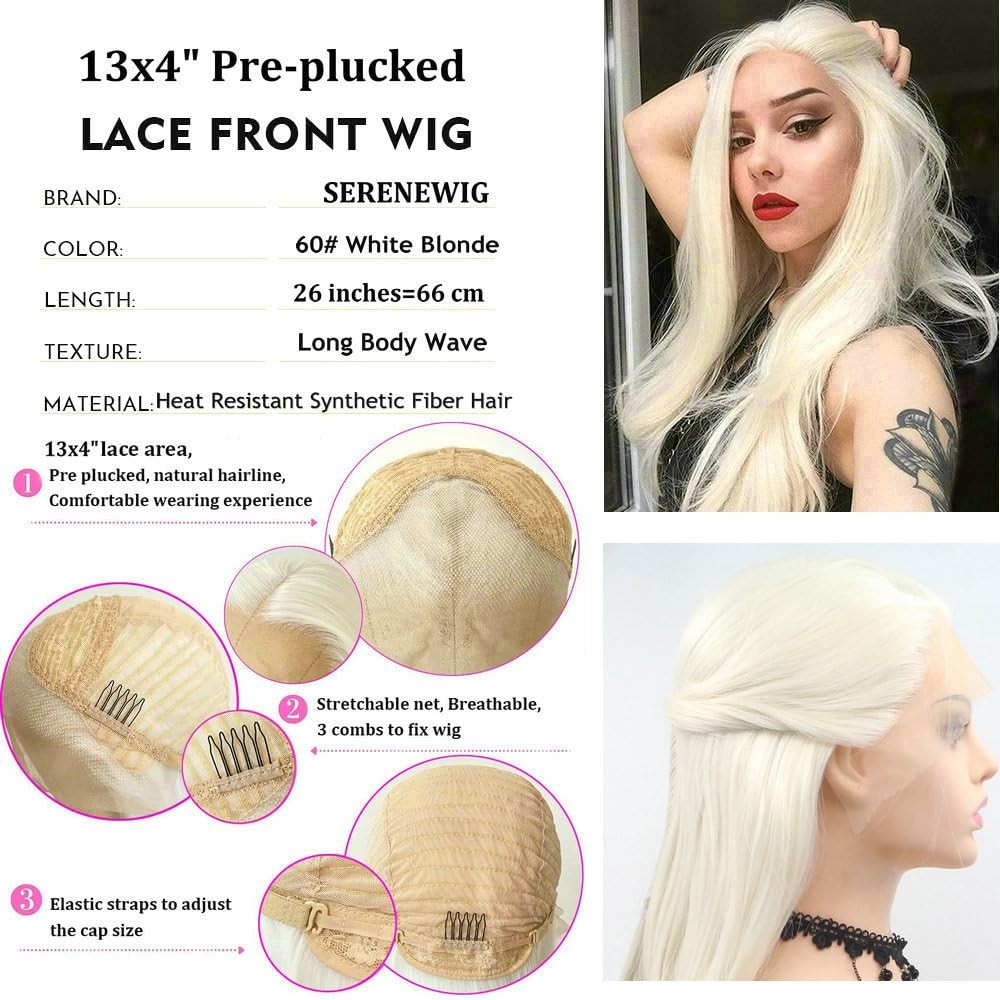 Long Hair Body Wave 60# White Blonde Color Synthetic Lace Front Wigs for Wome…