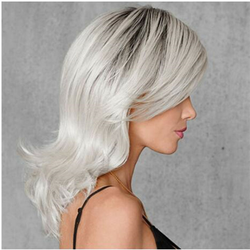 Ash Gray to Silver White Ombre Wavy Curly Blonde Wig Shoulder Length Women Hair