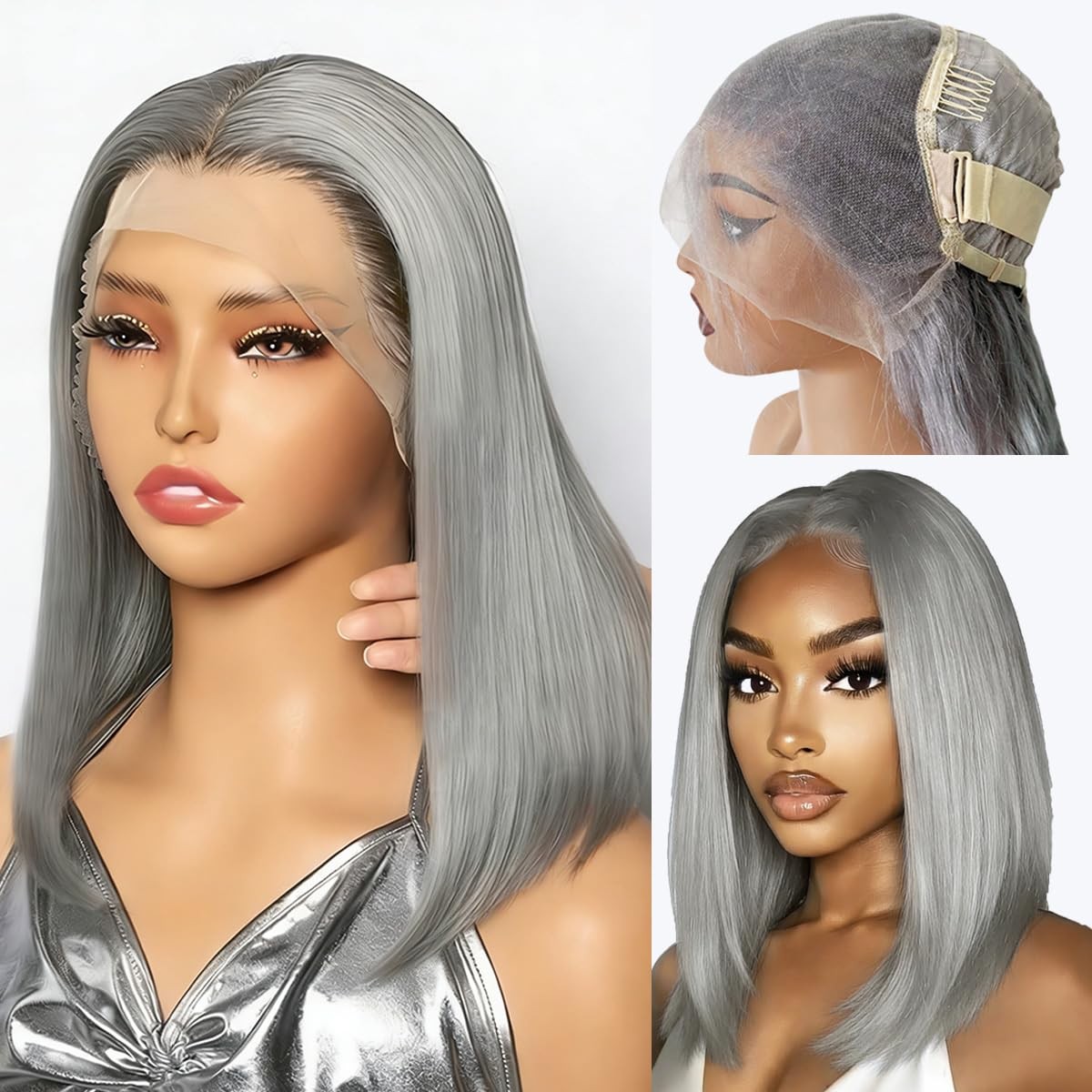 Elfsecret Grey Bob Wigs Human Hair 13X6 Hd Full Lace Front Wigs Human Hair For