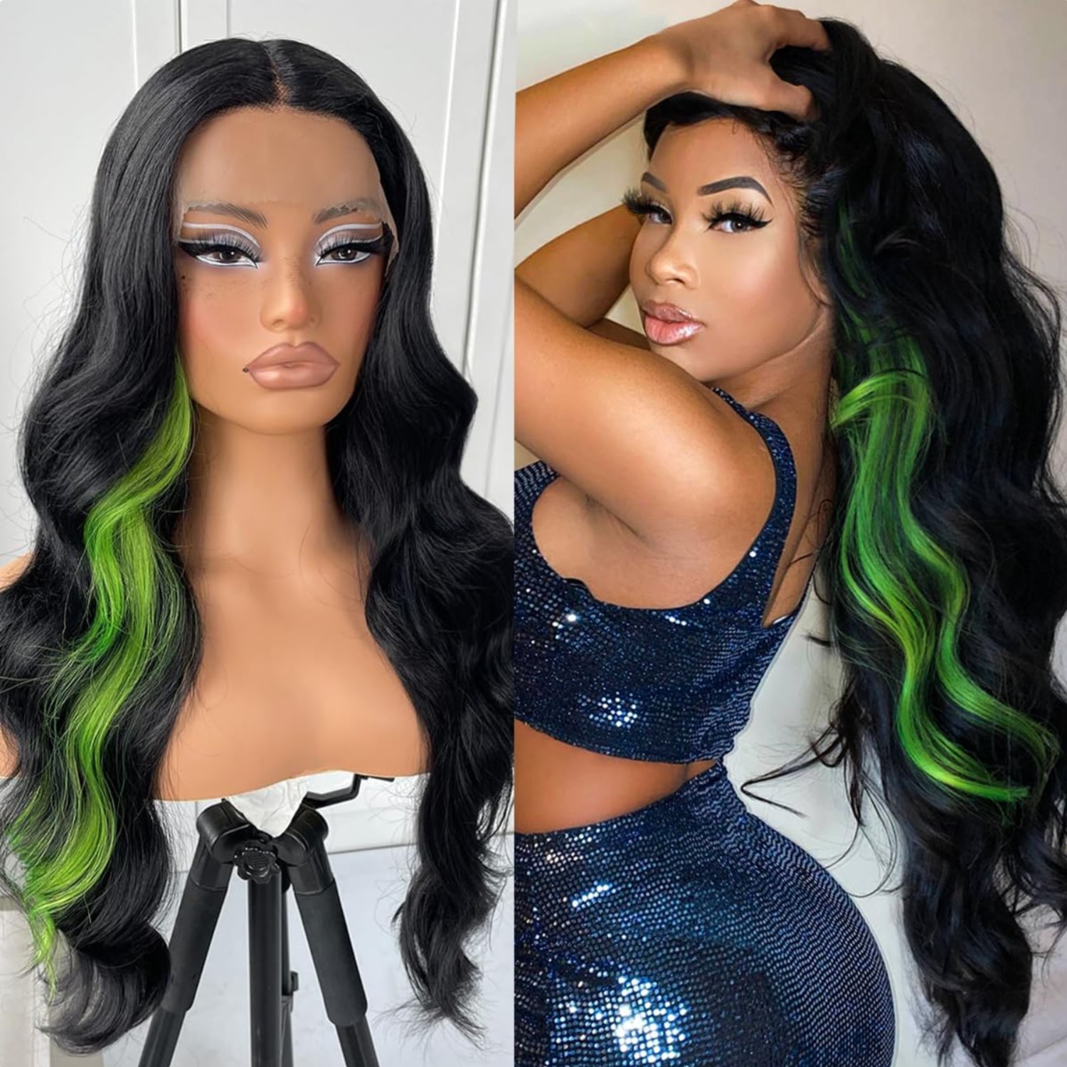 Green Skunk Stripe Wig Glueless Highlight Lace Front Wig Pre Plucked Syntheti…