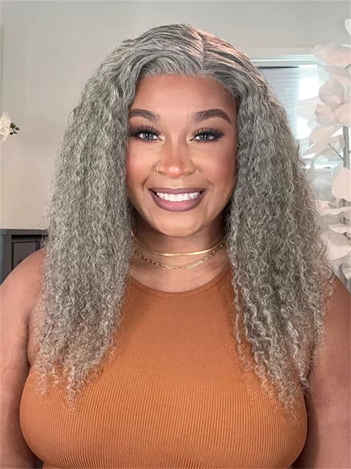 Light Gray Kinky Straight Lace Front Wigs 200 Density Real Human Hair Wigs