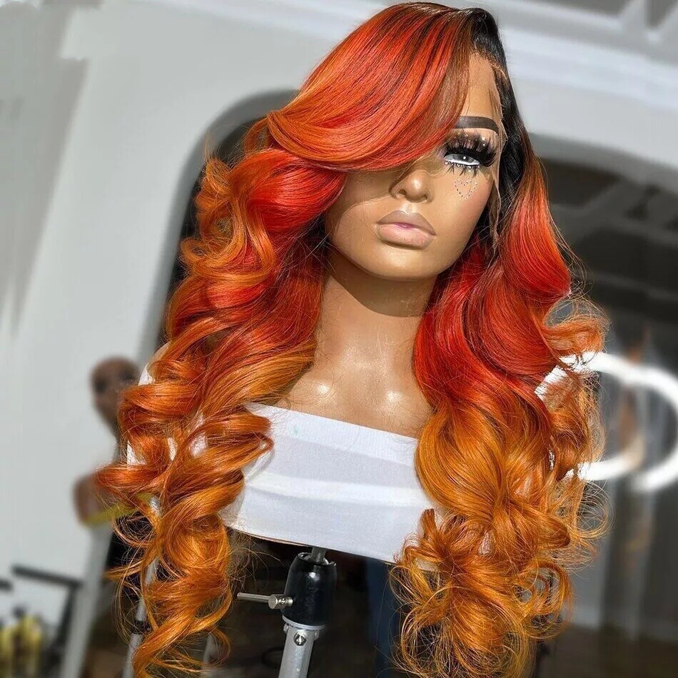 Ombre 1B Red Orange Body Wave Lace Front Human Hair Wig Pre-Plucked