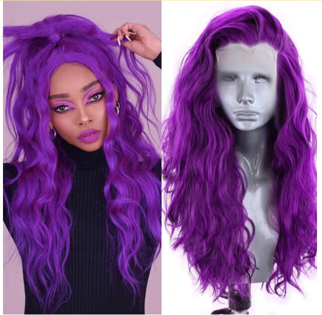Dark Purple Long Wavy Lace Front Wigs Synthetic Cosplay Party heat resistant Wig