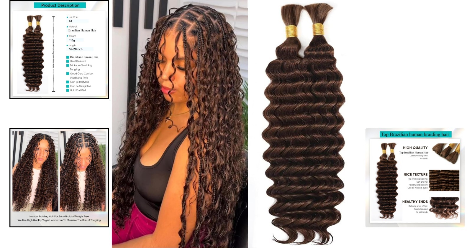 Luxury Boho Deep Wave Braiding Hair – 20 Inch, 110g, 2 Bundles Chocolate Brown