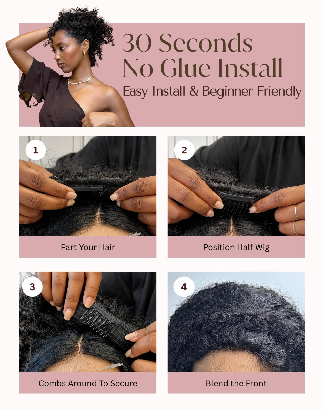 Kinky Curly Half Wig 100% Remy Human Hair | Glueless Flip Over Drawstring 3-in-1