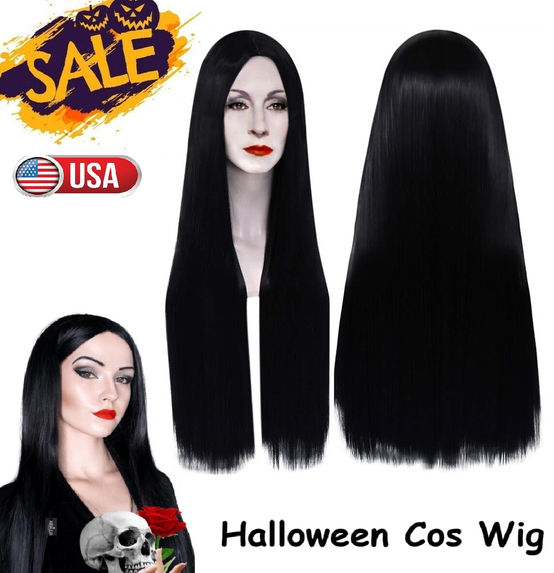 27″ Long Black Straight Wigs Women Hair Wigs Natural for Halloween Cosply Wig US