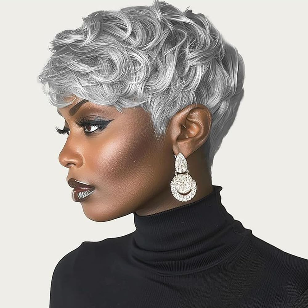Pixie Grey Wigs for Black Women Short Wigs Gray Short Curly Wigs(Gray) | Short C