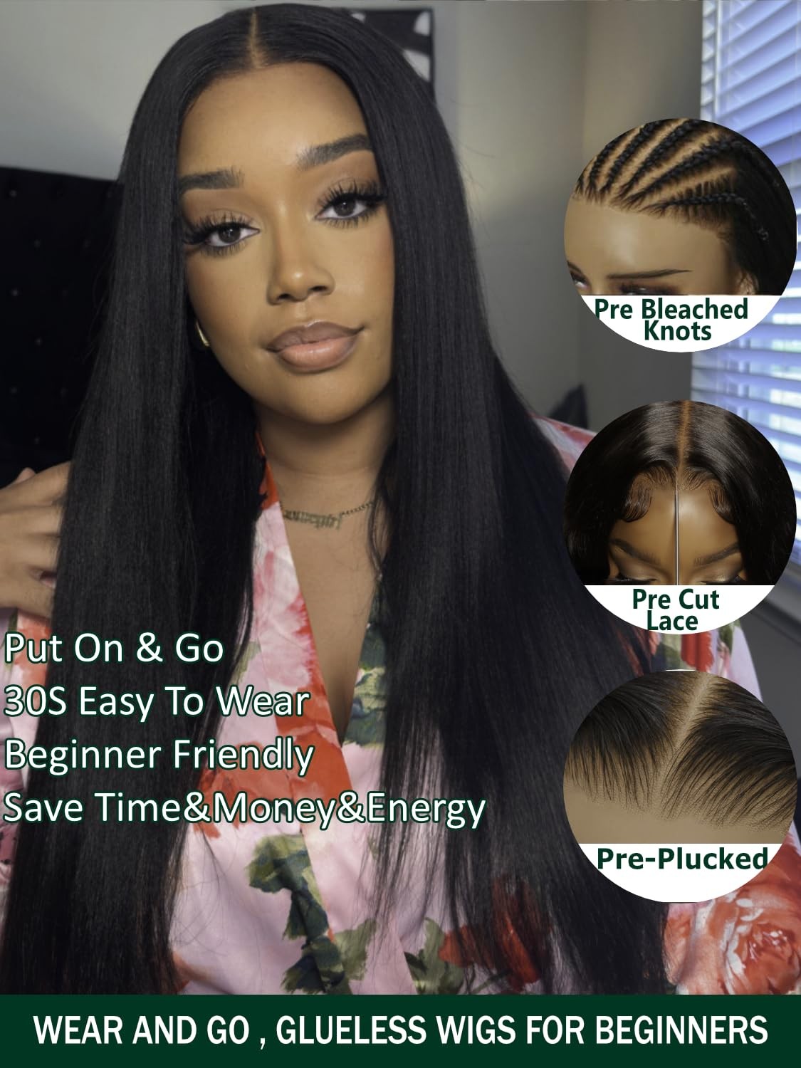 Klaiyi Yaki Straight Bye Bye Knots Glueless Wig 7X5 Precut Lace Front Wigs