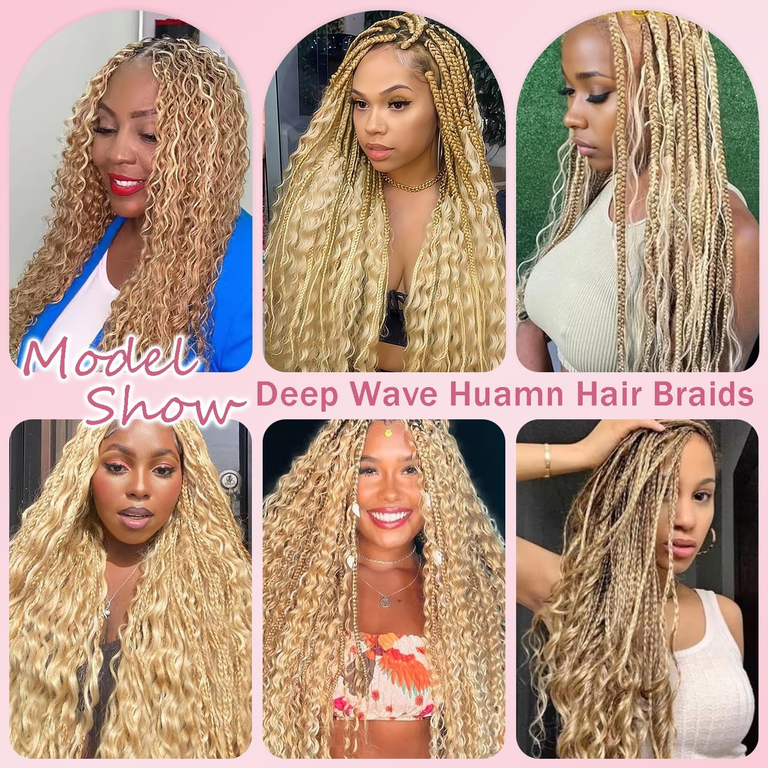 Highlight Honey Blonde Human Braiding Hair – 16″ Deep Wave Bulk Extensions, 3 Bu