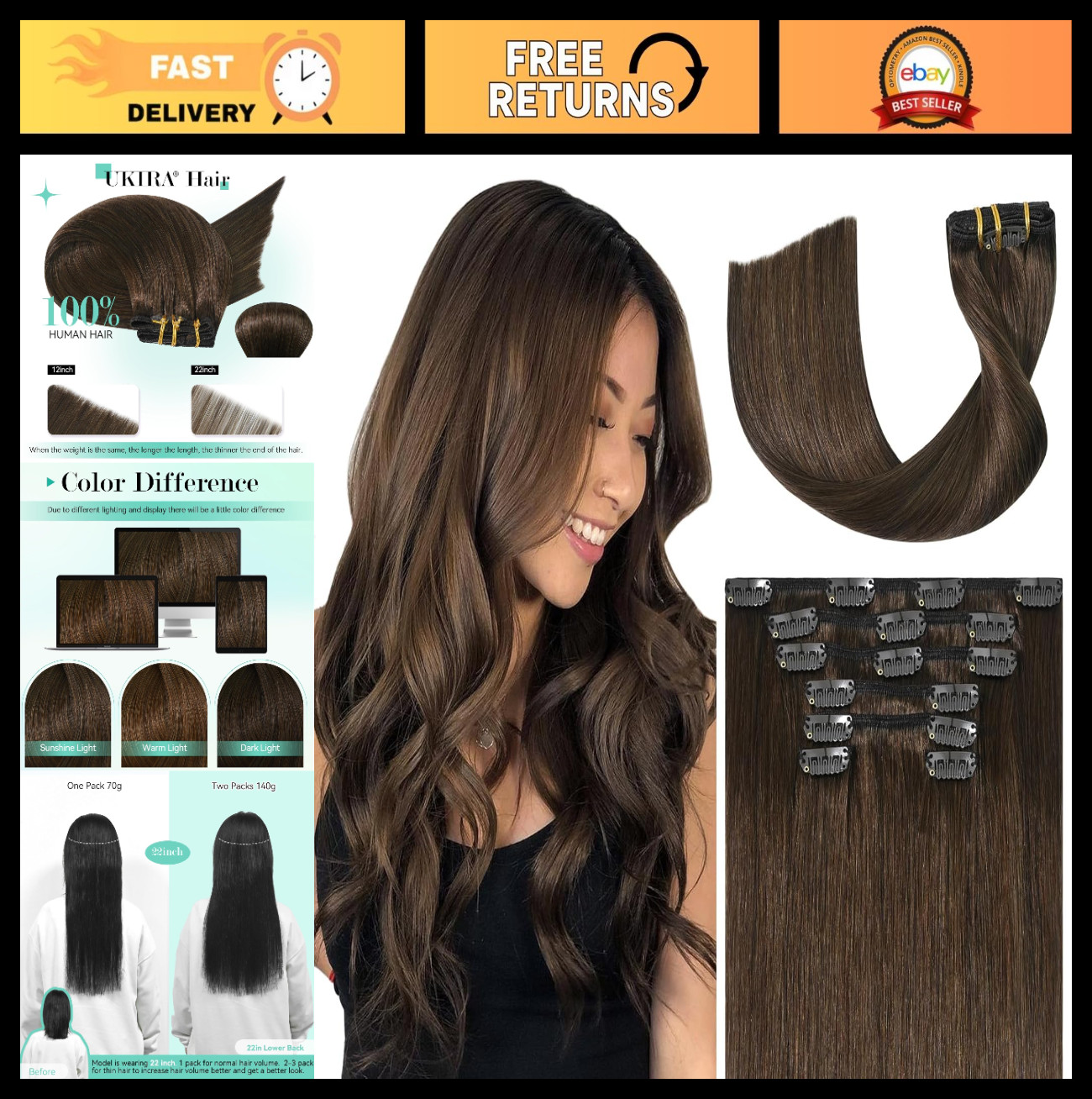 22″ Medium Brown Clip-in Hair Extensions, 115g Real Human Hair, Soft Straight Re