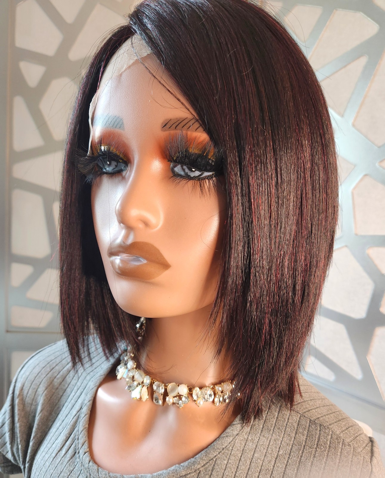 Burgundy Straight Wig Lace Front Human Hair Blend Short Brown Wig Glueless 99J
