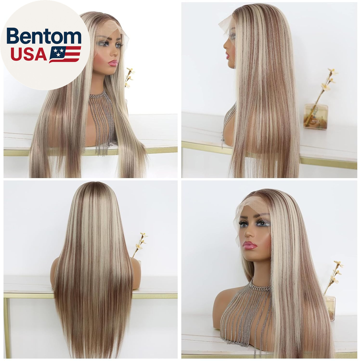 Highlight Ash Blonde Lace Front Wig Long Straight Glueless Ombre Brown Mixed Blo