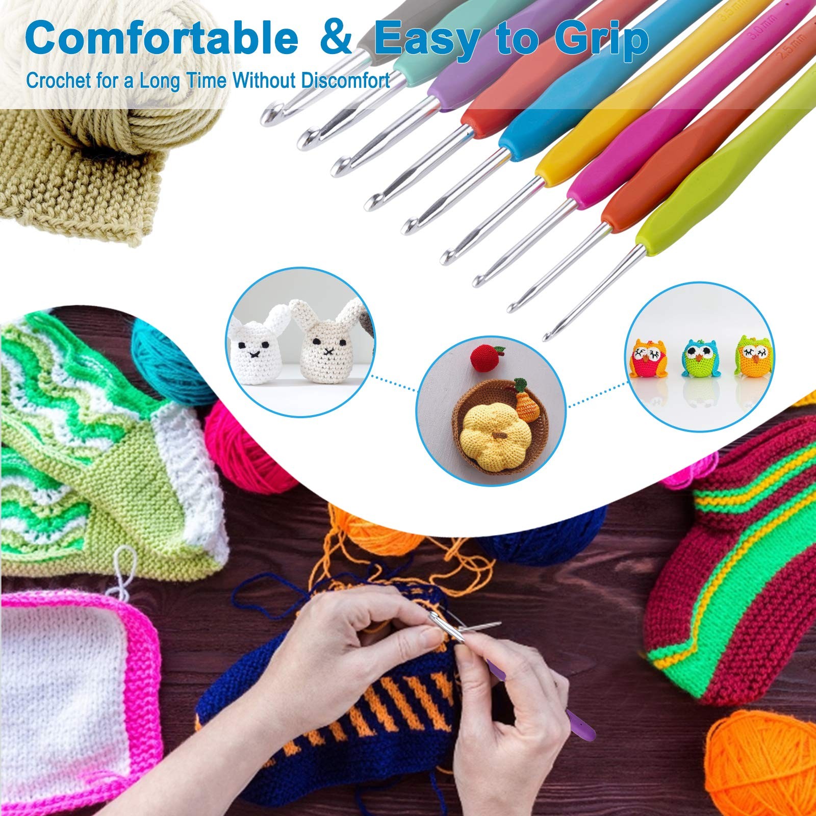 Vodiye 23 PCS Crochet Hooks, Ergonomic Handle 9 Size(2.0-6.0mm), Multicolor