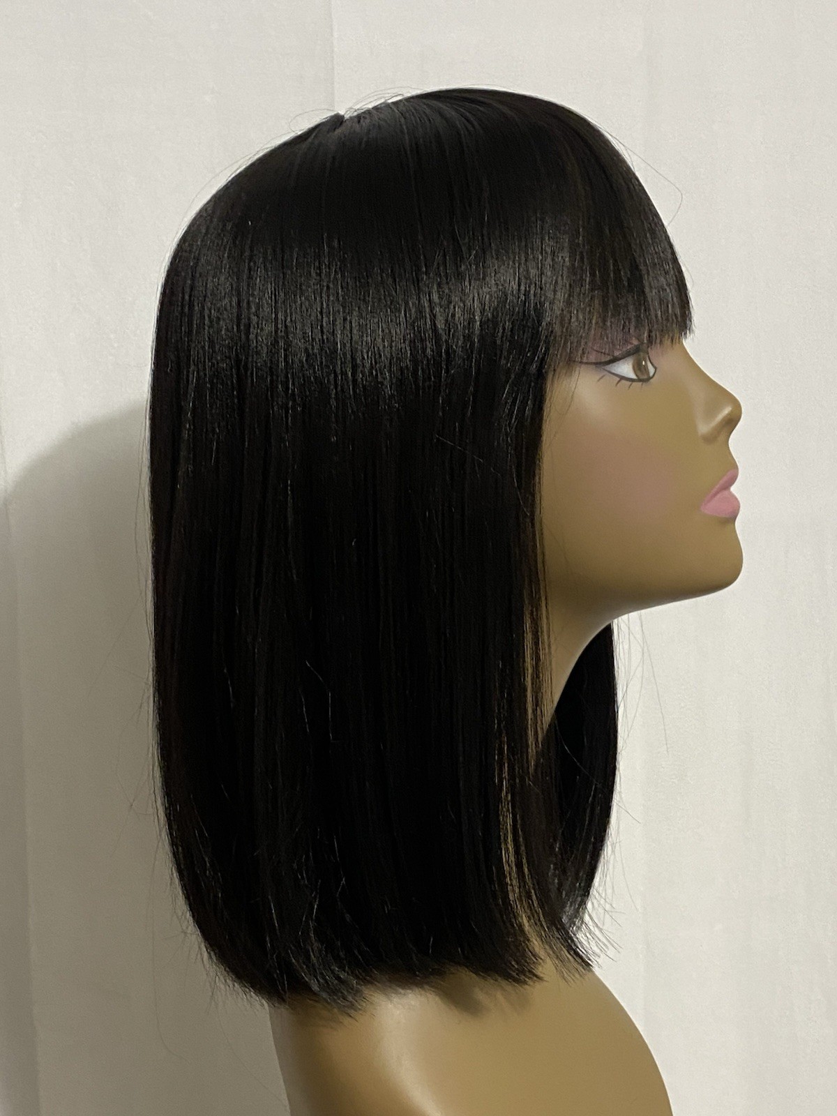 12 Inch Short Straight Yaki Bob Wig With Bangs Synthetic Non-Lace Black New