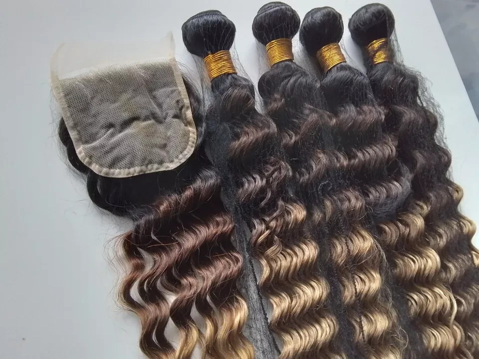 12A BRAZILIAN VIRGIN HUMAN HAIR 3TONES 32+32+32+32&26INCH CLOSURE 450g DEEP WAVE