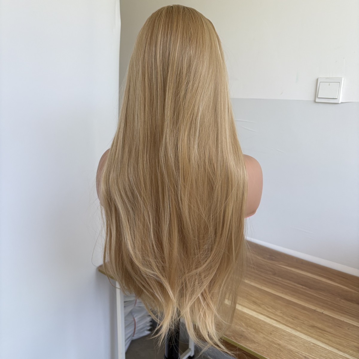 Soft Synthetic Hair Ash Blonde Long Straight Glue Less Lace Front Wig Layered
