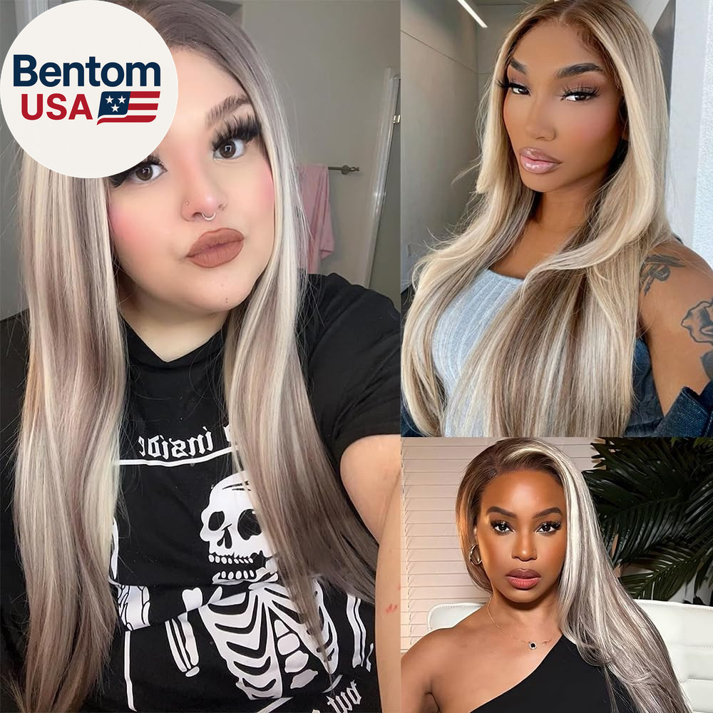 Highlight Ash Blonde Lace Front Wig Long Straight Glueless Ombre Brown Mixed Blo