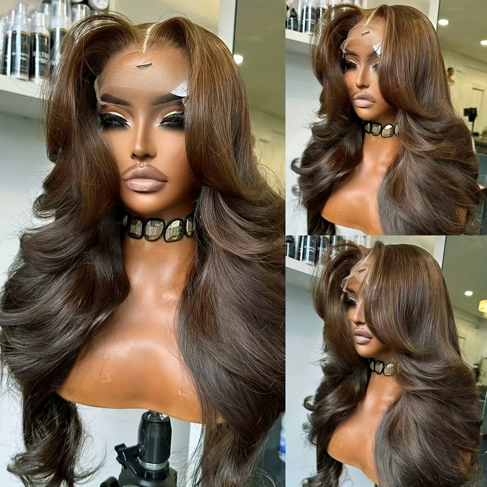 13×4 Heat Resistant Long Natural Wavy Brown Hair Glueless Frontal Lace Wigs Soft