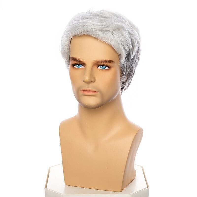 Men’s Short Gray Wig Asymmetrical Part Synthetic Hair Wig for Middle Old Age