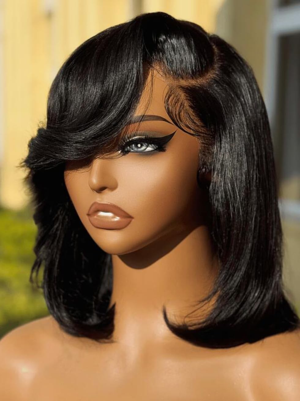 12 inches Short Bob Wig human Hair with Blow Out Bangs 4X4 Lace Glueless Wigs…
