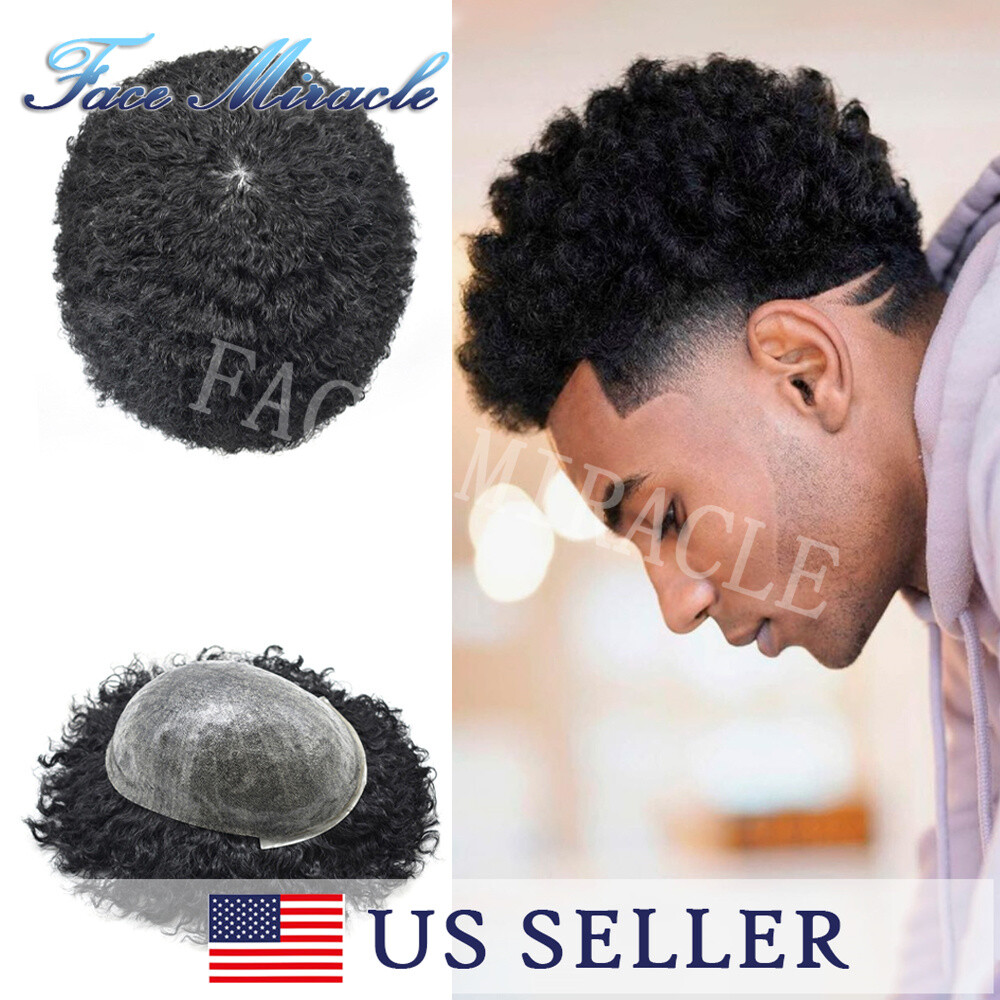 Afro Kinky Curly Toupee for Black Men Hairpiece Full Poly Human Hair system Wig