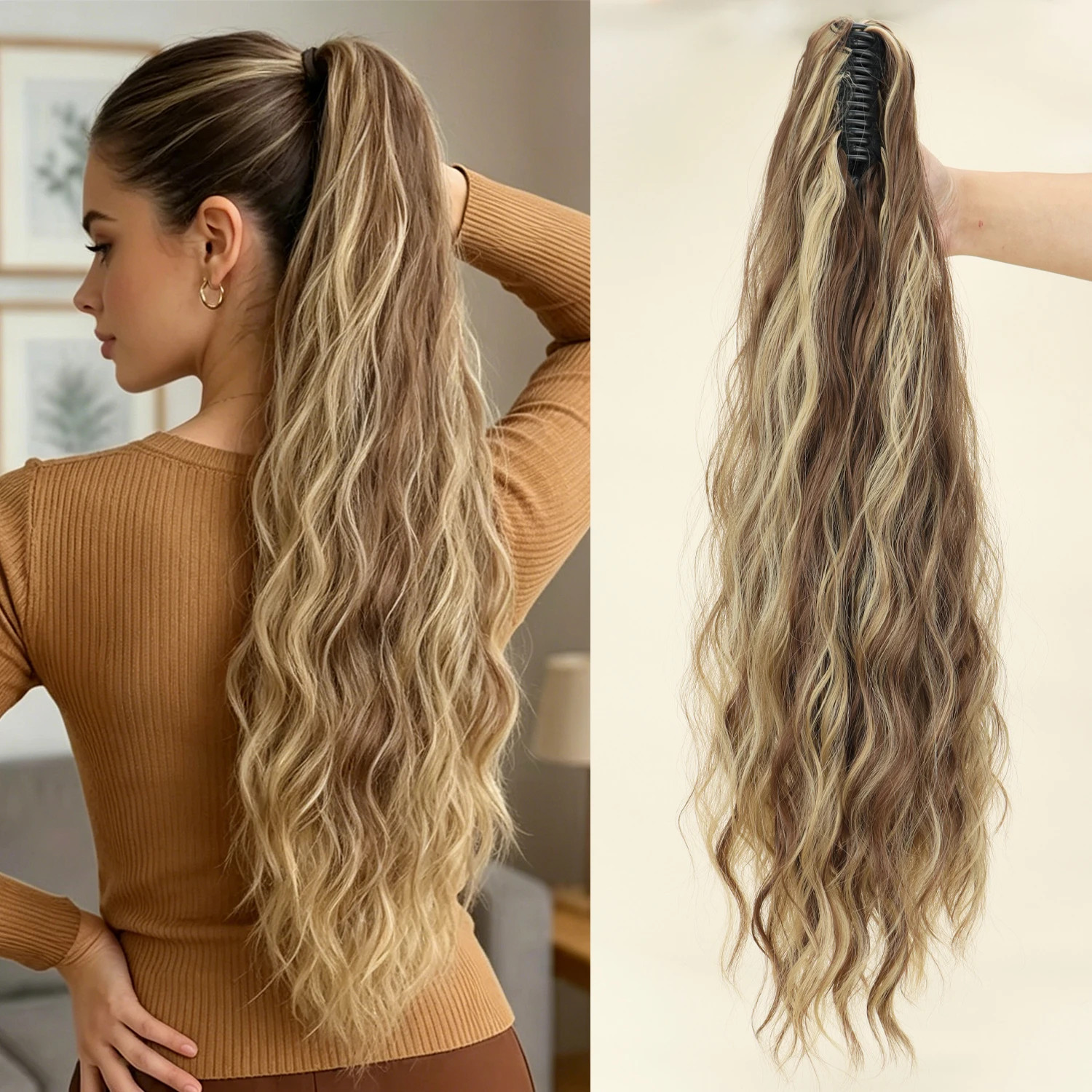Fluffy Black Brown Water Wave Ponytail Extensions Synthetic Claw Clip for Women
