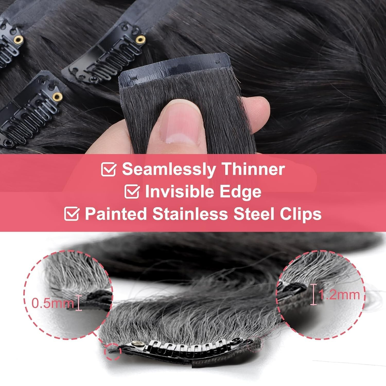 Seamless PU Clip in Hair Extensions Human Hair Body Wave 7pcs 110g 16 Inch 1B