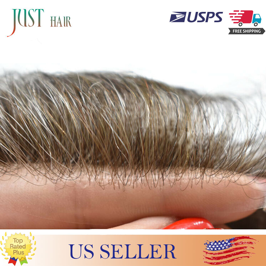 Mens Toupee Gray Hair Replacement System Thin Skin Men Wig Human Hairpieces US
