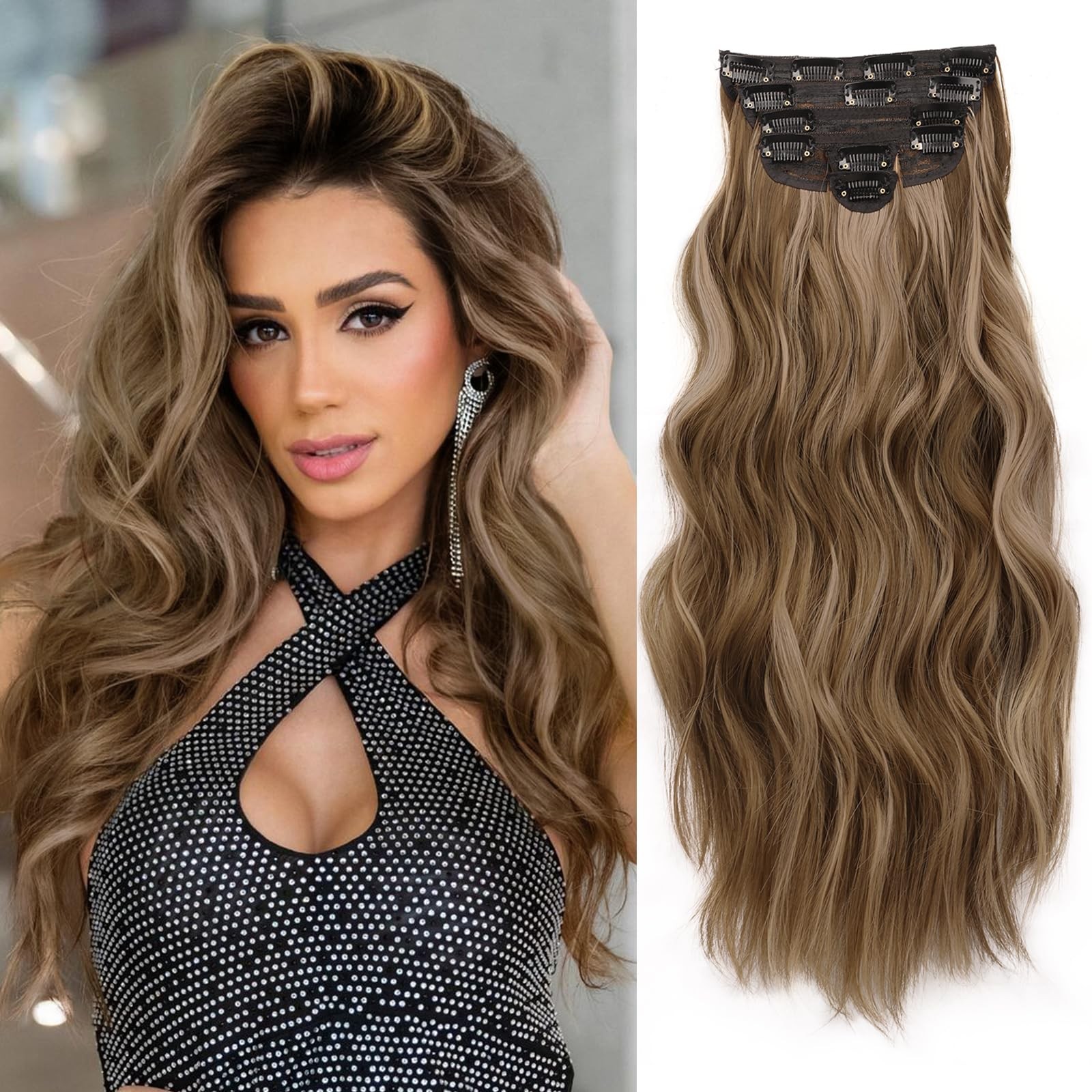 Clip in Hair Extensions for Women 20 Inch Long Wavy Curly Brown Mix Blonde Ha…