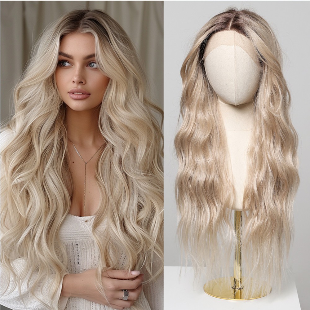 Heat Resistant Synthetic Hair Long Wavy Highlight Blonde Women Lace Front Wigs
