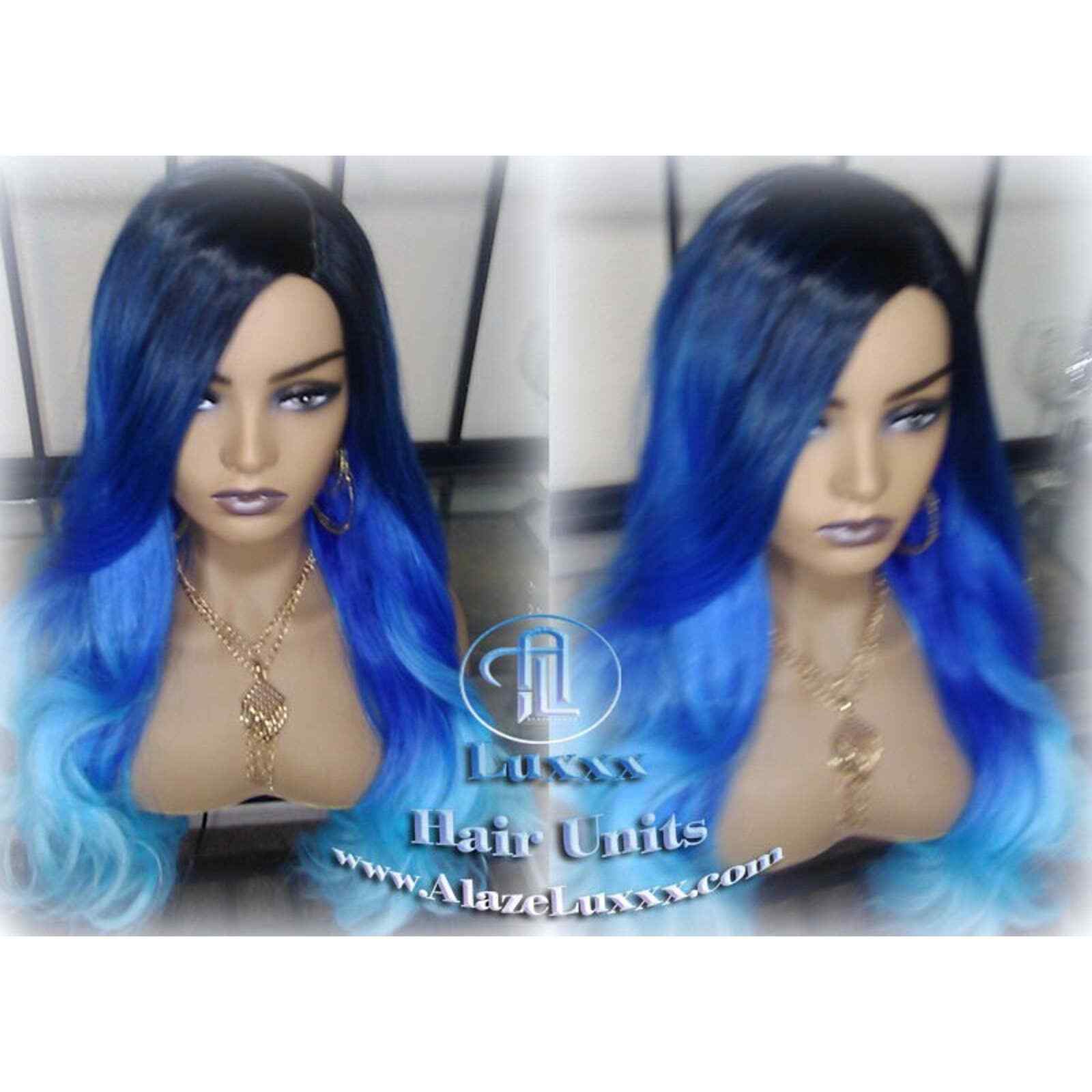 Blue Ombre Gradient Human Hair Wig Weave Mermaid bohemian Goddess