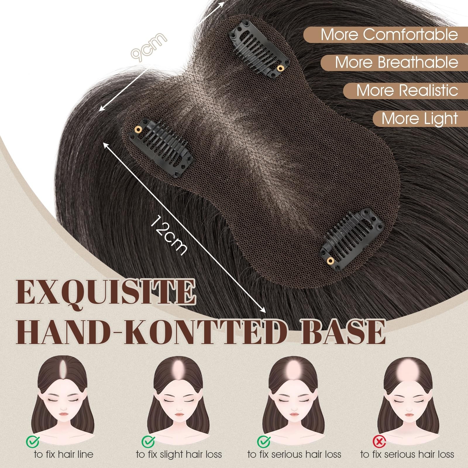12 Inch Human Hair Topper – Ultra Thin Clip-In Crown Piece for Thinning Gray Hai