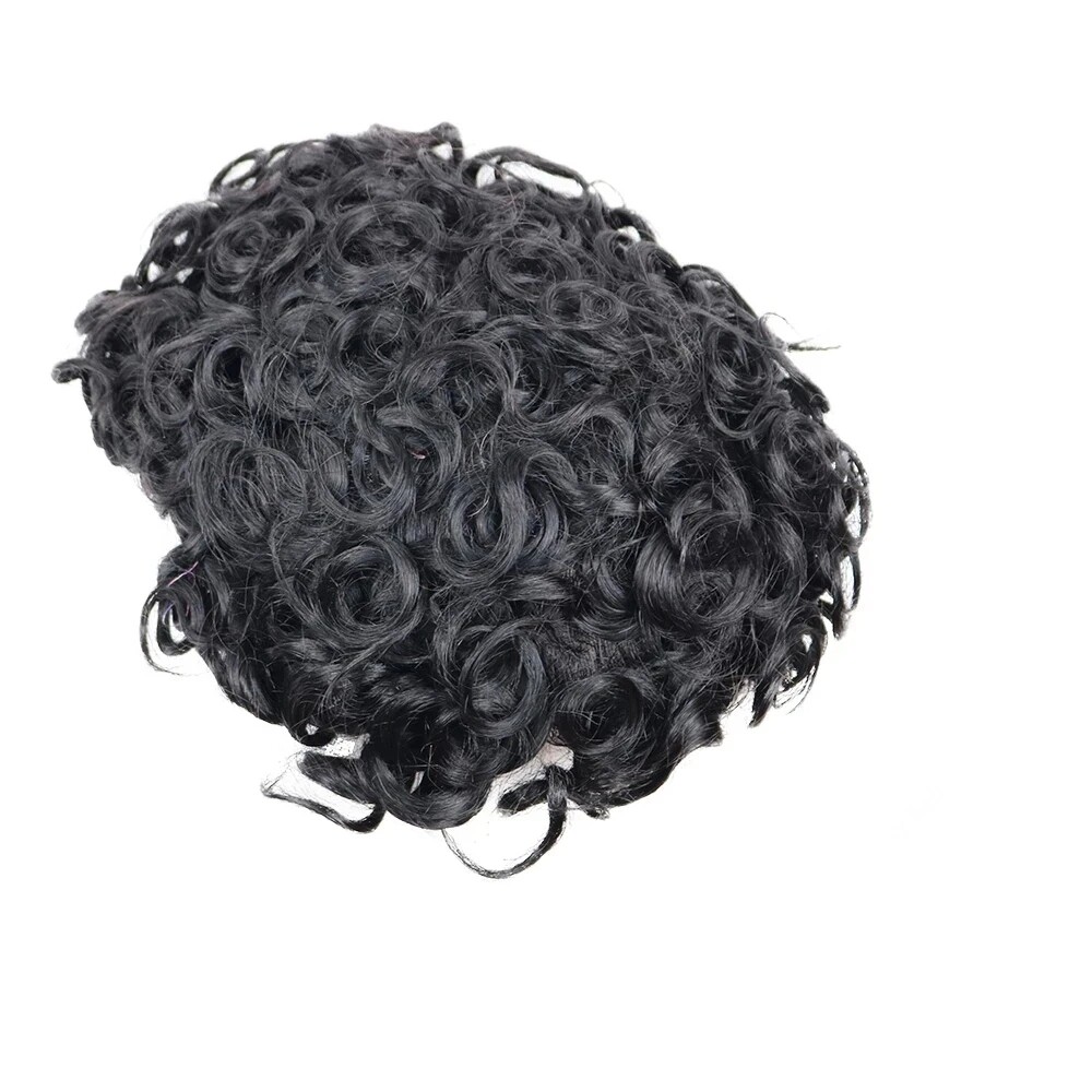 Super Durable Full Thin Skin PU Injection Men Toupee 100% Human Hair Curly Wigs