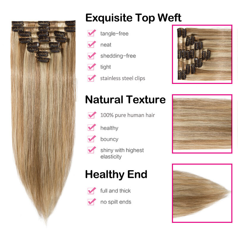 Thick Double Weft Clip In Real Remy Human Hair Extensions 8PCS Full Head Ombre T