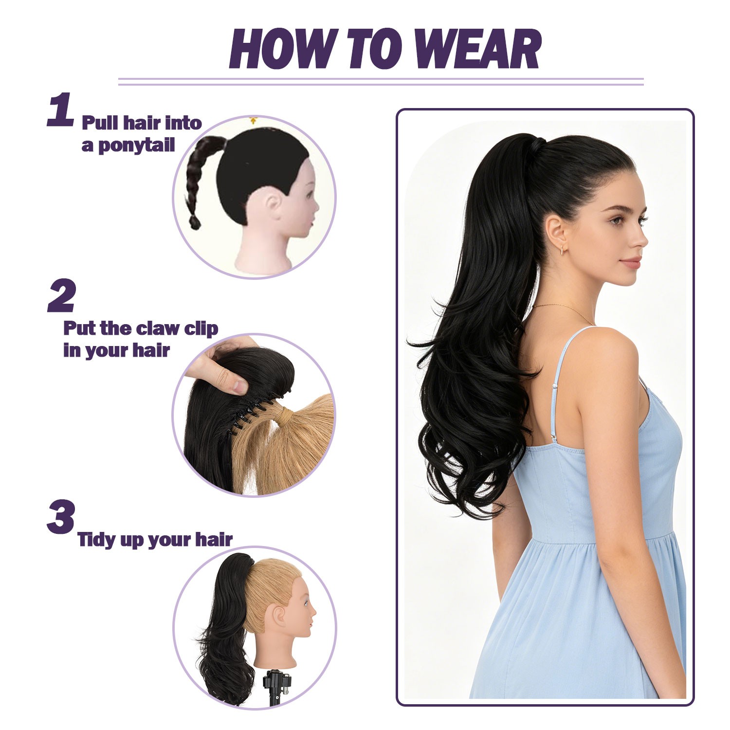 18in Ponytail Claw Clip in As Human Hair Extension Pony Tail Thick Hairpiece USA
