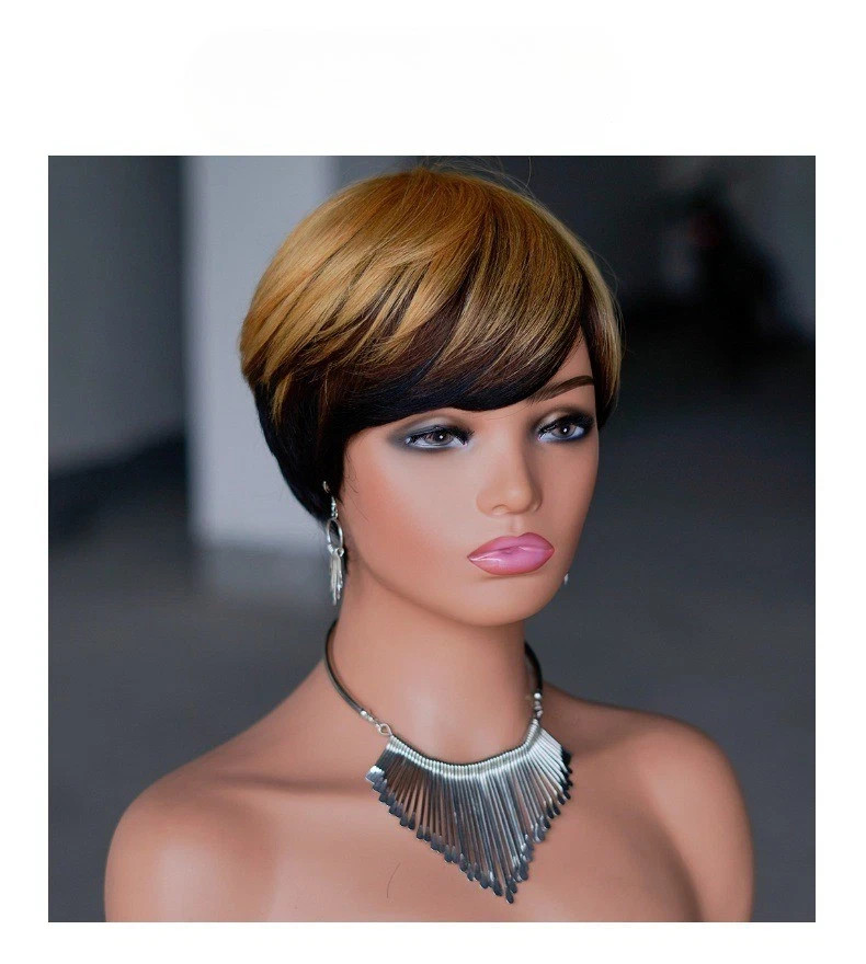 6″ Short Straight Layered Ombre Blonde Pixie Cut Wig Human Hair Wig for Black