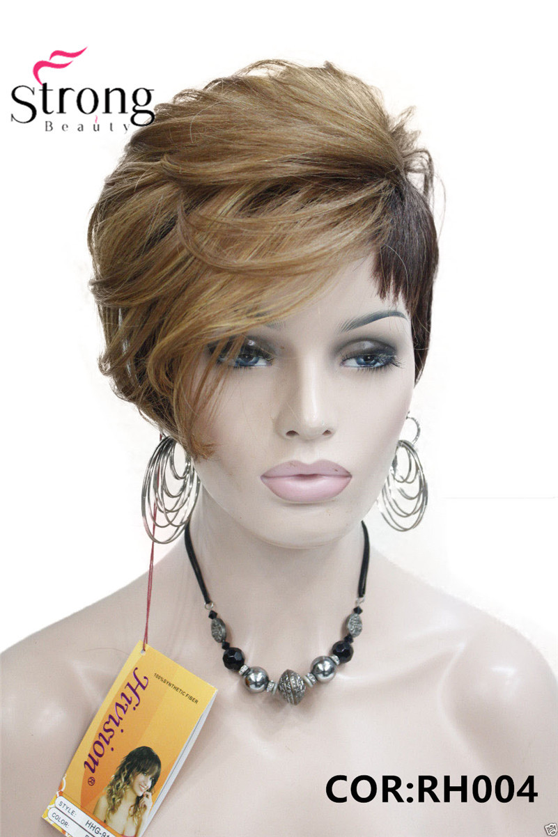 Short Soft Asymmetrical Golden Blonde Brown Ombre Heat freindy Synthetic wig
