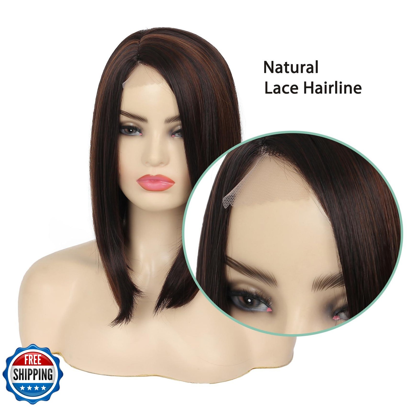 Short Brown Wig for Women Side Part Straight Small Lace Synthetic Hair Brown