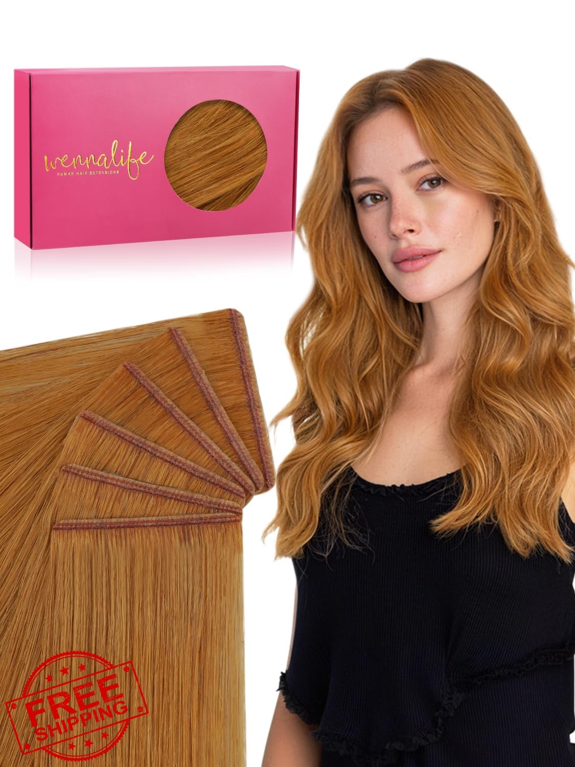 Wennalife 16 inch Auburn Ginger Tape Hair Extensions