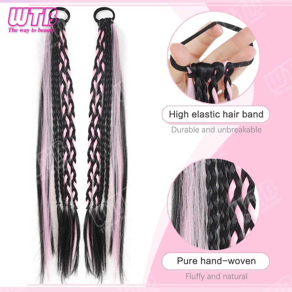 2PCS Elastic Band Braided Wigs Highlighted Synthetic Hairpieces For Women Daily