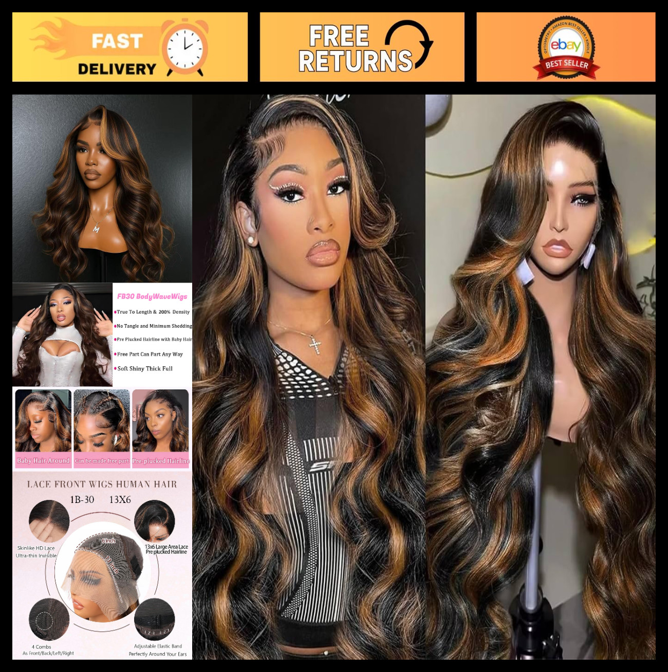 30″ Ombre Lace Front Wig Human Hair Body Wave 13×6 Pre-Plucked Glueless 200 Dens