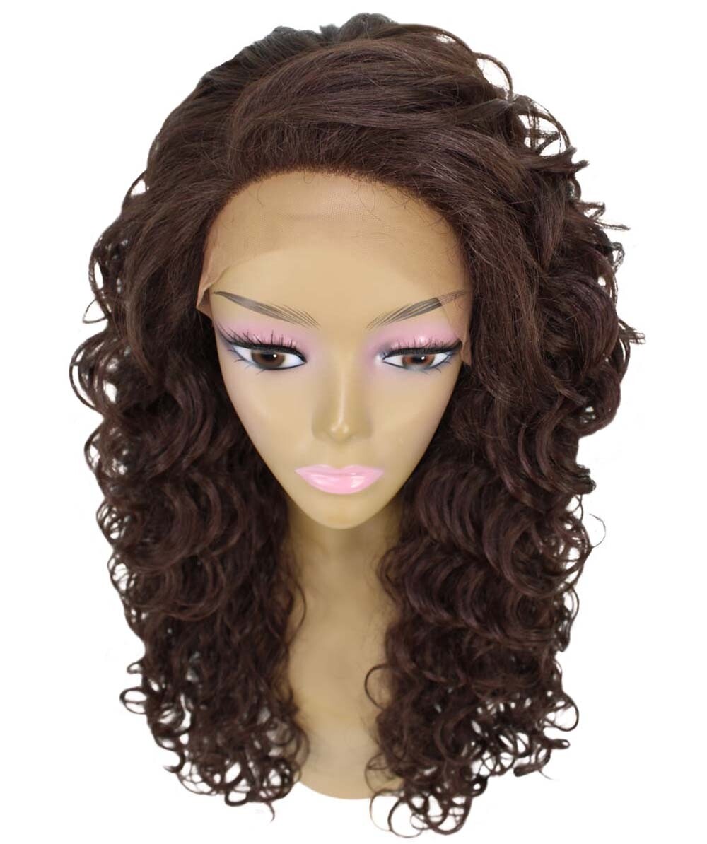 LUXLUXE Mariah Curly 16 Inch Long 7×4 Hand-Tied Lace Front Wig, Medium Brown