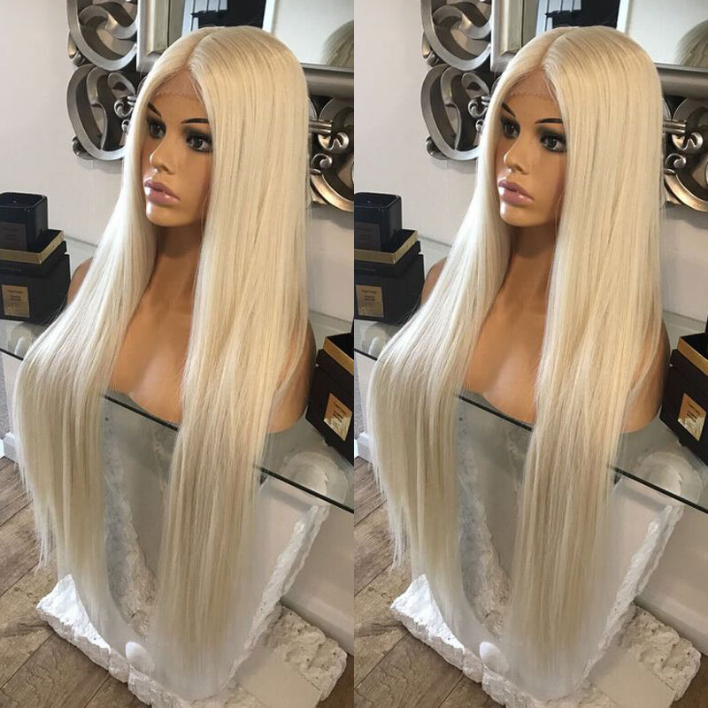 Lace Frontal Wigs Heat Resistant Synthetic Hair Long Straight Platinum blonde