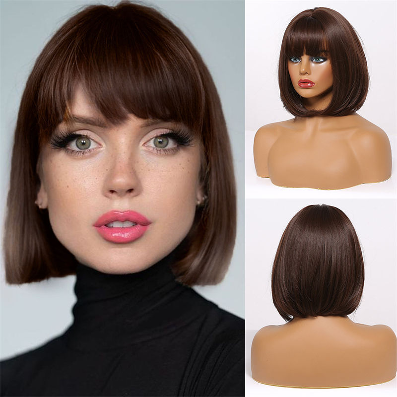 Pink Bobo Short Hair Full Head Cover Gradient Fashion Straight Bangs Wig
