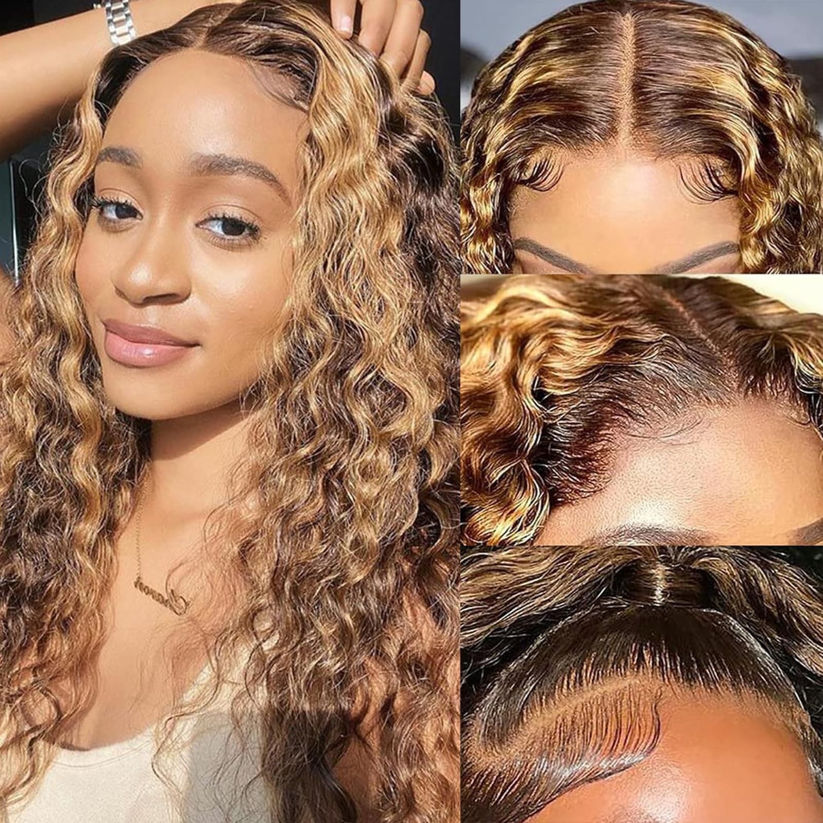 Honey Blonde Deep Wave Lace Front Wigs Human Hair 13×4 Highlight Ombre Curly …