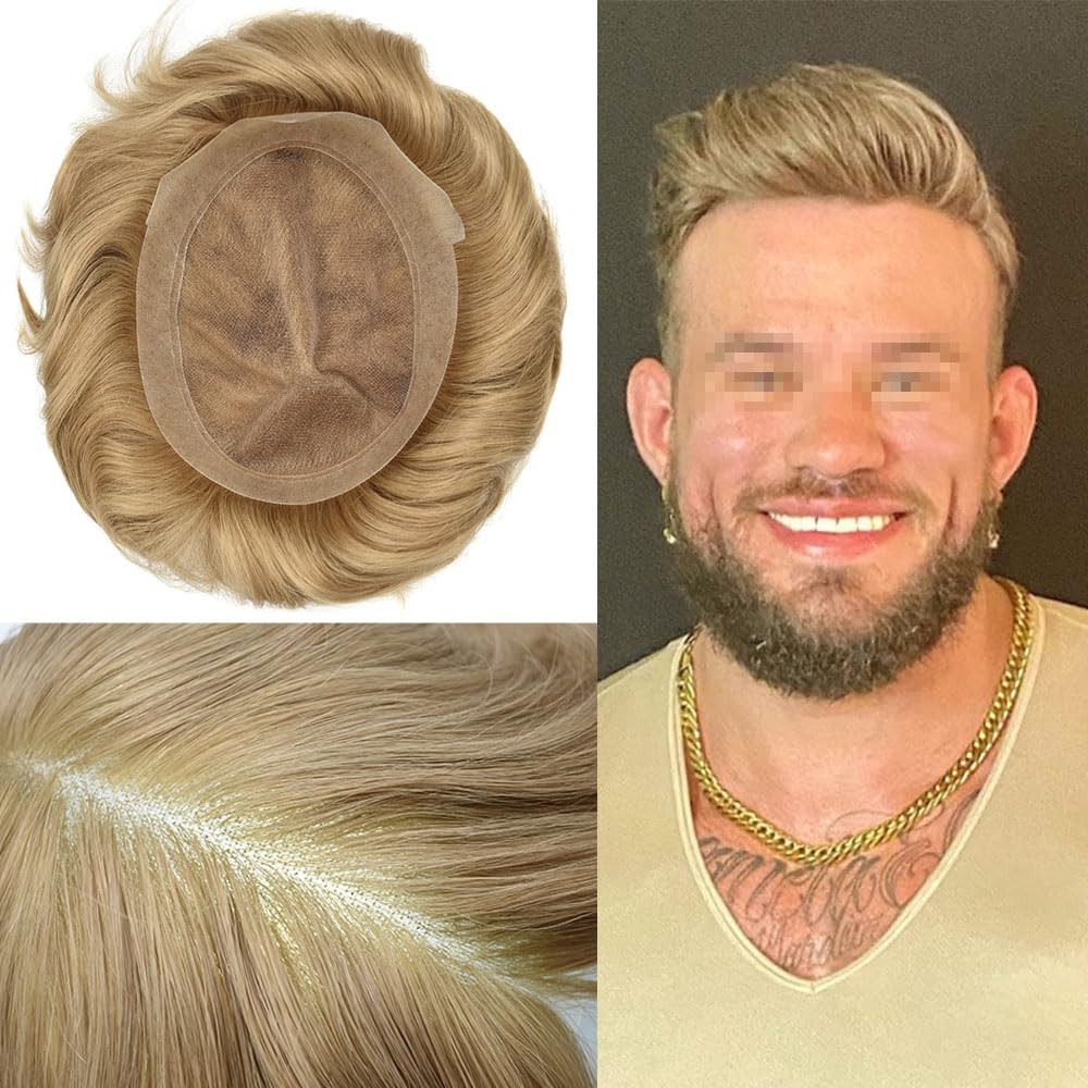 French Lace Mens Toupee Poly Around Hairpiece Human Hair Replacement System Wigs