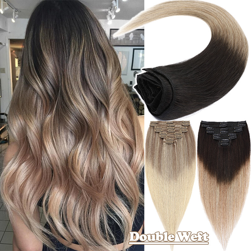 Double Weft Thick Clip in Real Human Remy Hair Extensions Balayage Full Head