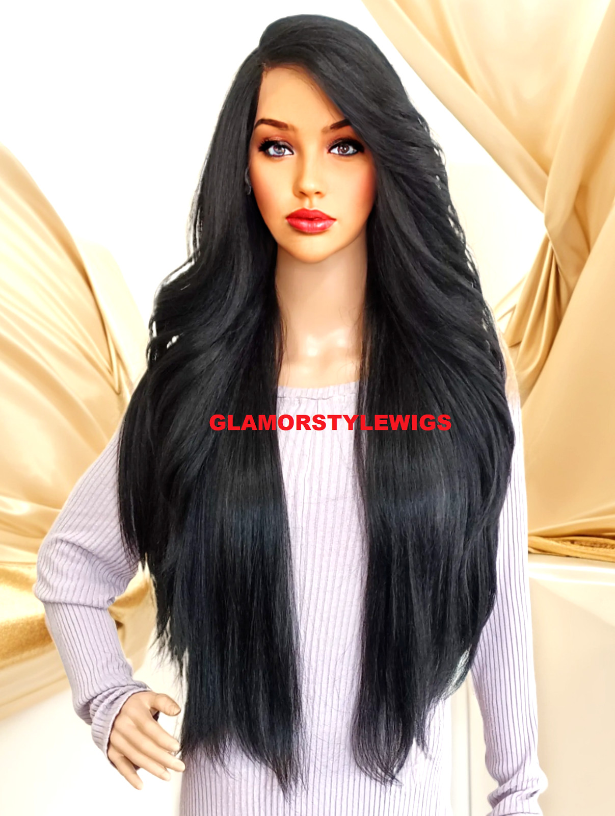 39″ LACE FRONT FULL WIG LONG STRAIGHT LAYERED SIDE PART JET BLACK #1 HEAT OK NWT