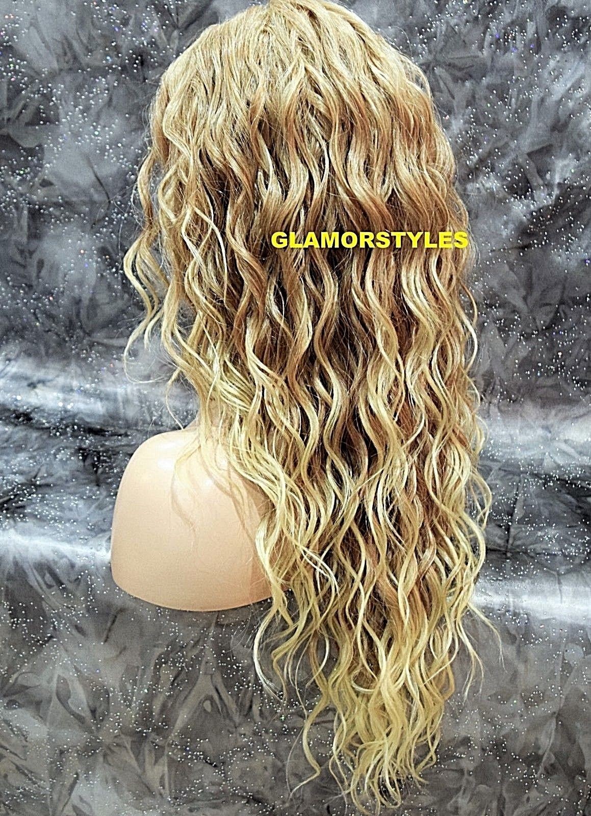 LACE FRONT FULL WIG LONG SPIRAL CURL LAYERED MIDDLE PART MEDIUM BLONDE HEAT OK