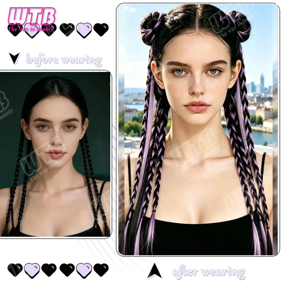 2PCS Elastic Band Braided Wigs Highlighted Synthetic Hairpieces For Women Daily